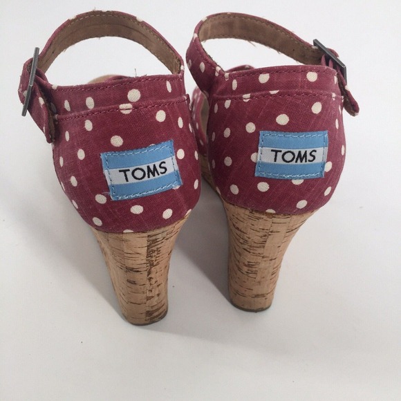 Toms Polka Dot Cork Wedge Sandals Size 8 Burgundy Red White Summer Casual - Picture 3 of 9